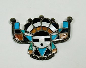 Vintage Zuni Indian Pin Brooch Pendant Sun Face Silver Turquoise Coral MOP Jet