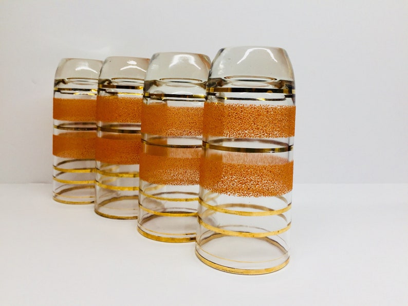 Mid Century Textured Orange Glass Tumblers Heavy Bottom Orange and Gold Stripes