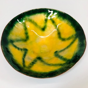 Mid Century Enamel on Copper Bowl Green and Yellow Atomic Star Sun Design Mid Century Kitchen Décor