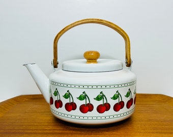 RARE Vintage Red Cherries Enamel Kettle Signed Jebba Wooden Handle Danish Style Mid Century Modern Kettle