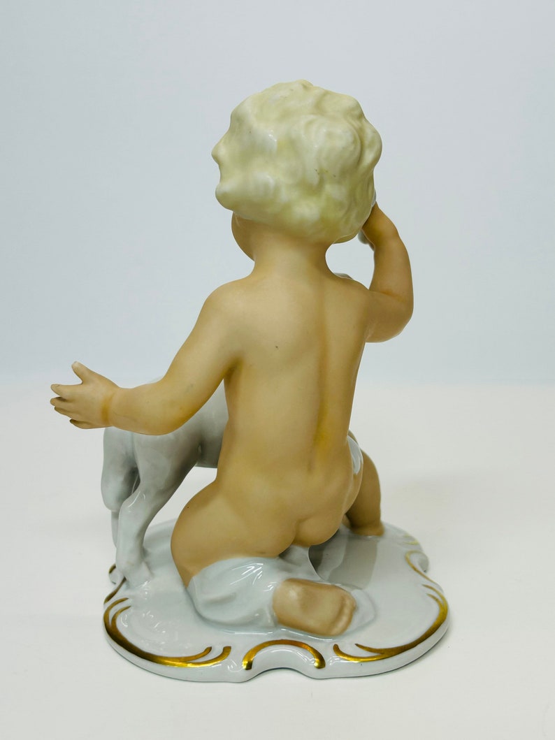 Vintage Porcelain Schaubach Kunst Boy Playing with Lamb Figurine Wallendorf Cherub Putto Germany AS IS image 4