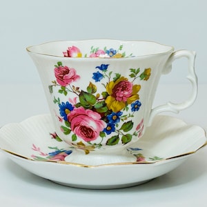 Vintage Royal Albert Pink Roses Teacup and Saucer White Made in England