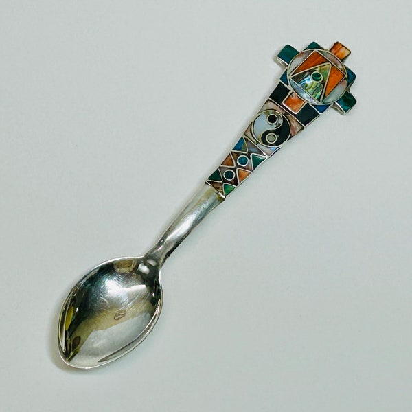 RARE Vintage Peruano 950 Plata de Ley Chakana Cruz Cucharadita con Incrustaciones de Piedras Semipreciosas