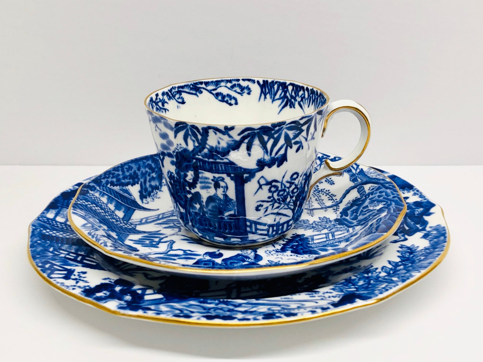 vintage-royal-crown-derby-blue-mikado-trio-teacup-and-saucer-etsy