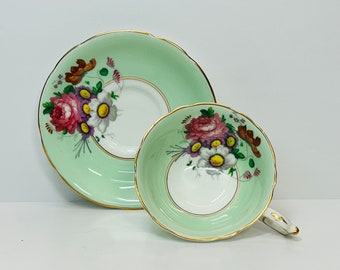 Vintage Green Paragon Teacup and Saucer Wild Flower Bouquet Cup and Saucer Double Warrant