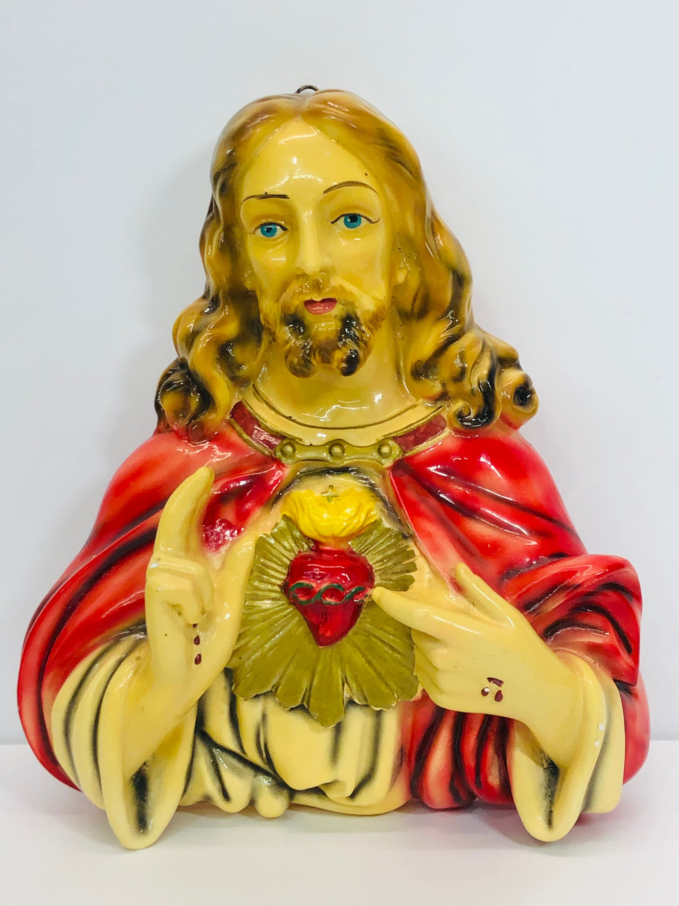 Vintage Sacred Heart Jesus Shrine Chalkware Plaque Cor Jesv Plaque Gold And Red Chalkware