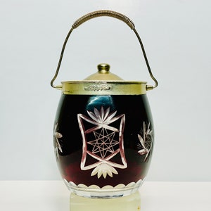 Antique Ruby Cut to Clear Glass Biscuit Barrel: Silver Plated Lid