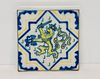 Vintage Delft Tile Dutch Republic Lion Silver Plate Decorative Tile Trivet