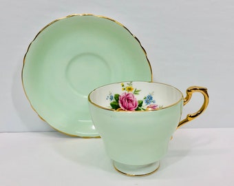 Vintage Paragon Mint Green Teacup and Saucer Gold Handle Pink Yellow Rose Bouquet 1960s