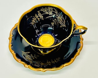 Tazza da tè vintage Lindner Echt Cobalt con piattino blu e oro Kueps Baviera Germania