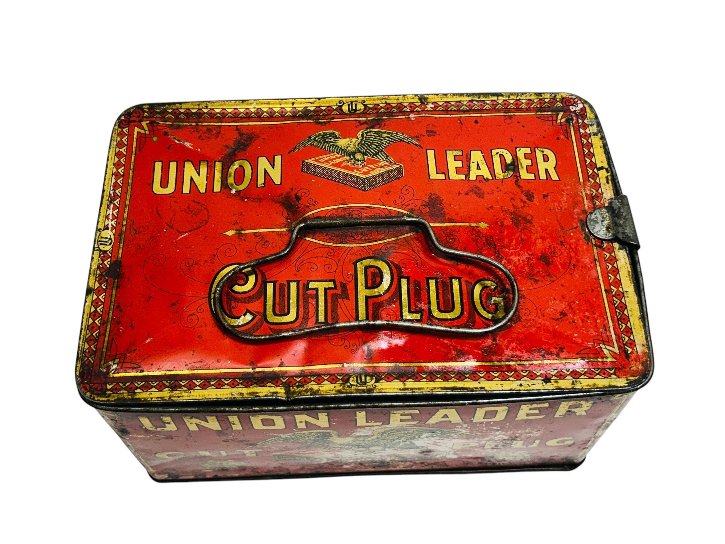 Antique 1910s Union Leader Tobacco Tin Lunch Box Pail Cut Plug