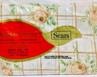 Vintage Simpson Sears Double Flat Sheet Peach Roses 80" x 94" Floral Bed Sheet