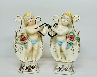 Vintage Ceramic Cherub Wall Pocket Planter Pair: Angel with Harp & Lyre