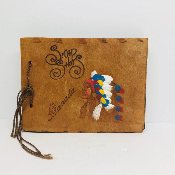 Vintage 1940's Leather Snap Shots Photo Album Indian Chief Hand Painted Canada Souvenir