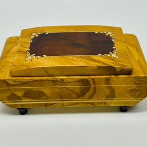 Vintage Wooden Jewelry Box Inlaid Olive and Walnut Wood Signed by Artist Boho Bohemian Storage Decor