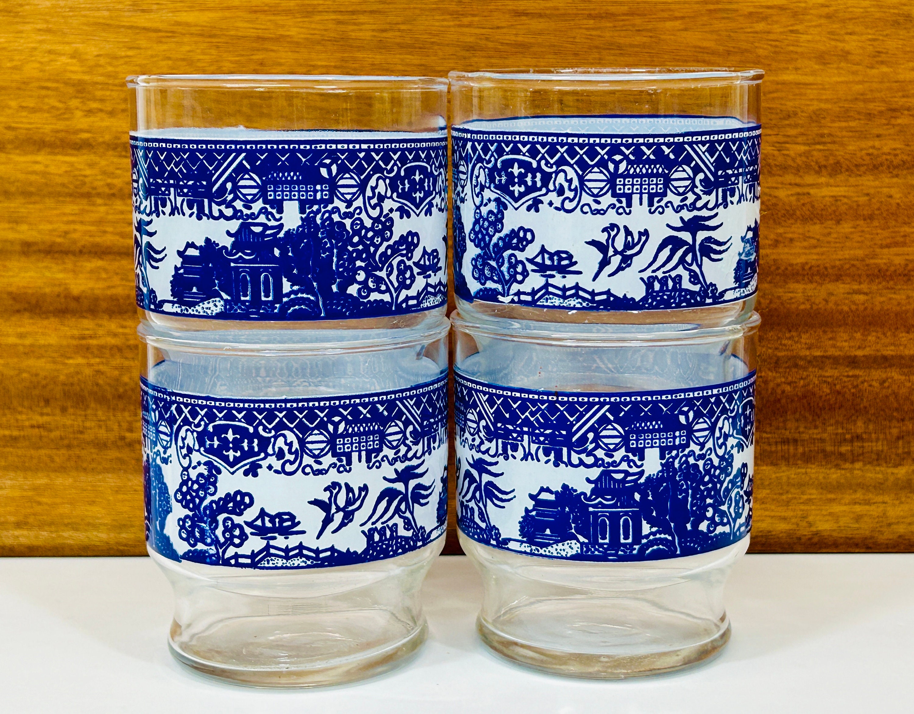 Vintage Blue Willow Glasses Old Fashion Juice Glasses Set of 4 Blue and White Chinese Chinoiserie Oriental Decor Asian Motif Etsy