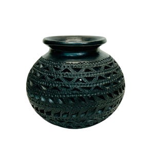 Barro Negro Vase Oaxaca Black Pottery Mexico Pierced Design Round Bottom Dried Flower Vase