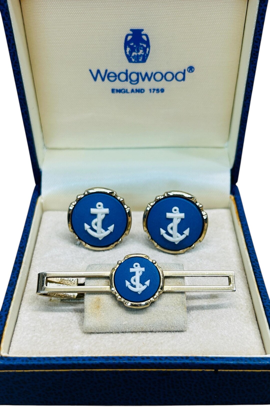Vintage Wedgwood Blue Jasperware Cufflinks and Tie Clip Anchor