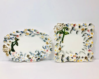 Vintage Pair of Ceramic Dresser Trays Trinket Dish Ornate Floral Design Jewelry Holder Made in Japan circa 1960s