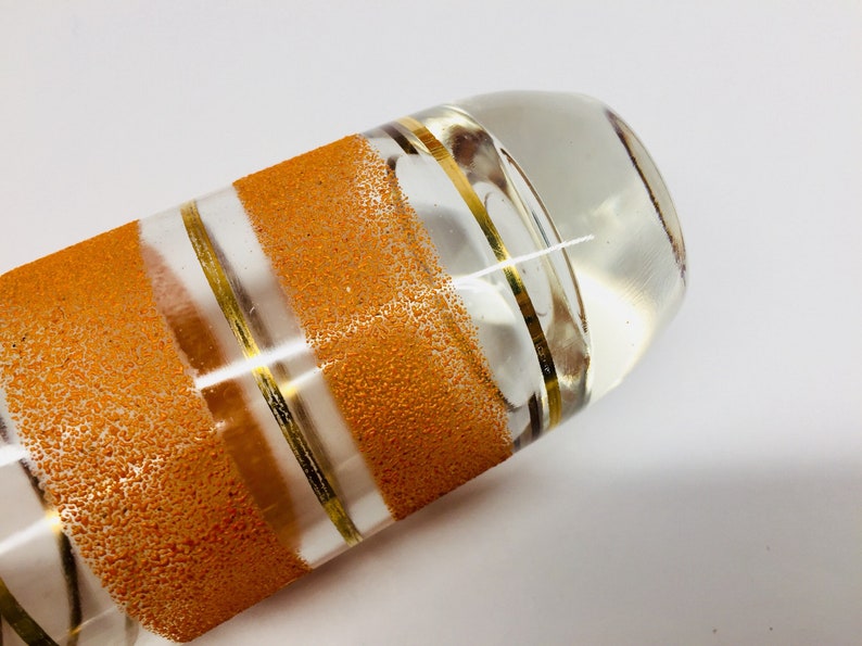 Mid Century Textured Orange Glass Tumblers Heavy Bottom Orange and Gold Stripes