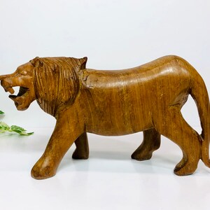 Vintage Carved Wood Lion Figurine Wood Carving Roaring Lion Sculpture Boho Bohemian Decor
