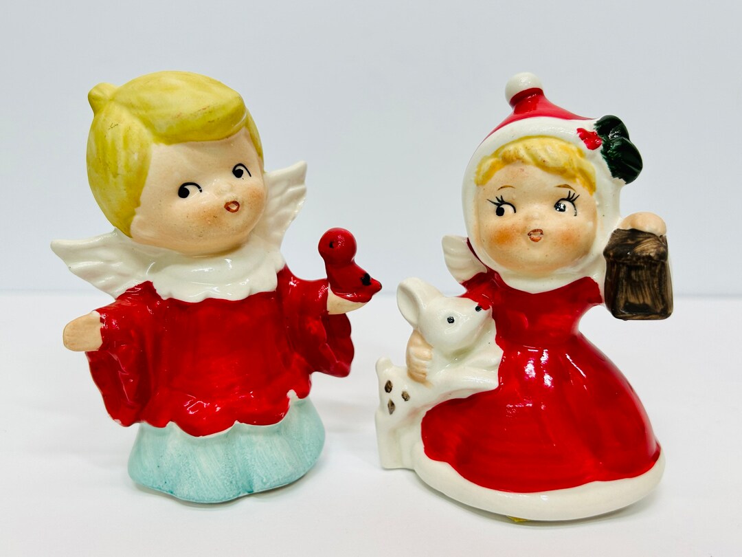 Vintage Ceramic Christmas Angels Figurines Girl and Boy Deer Bird