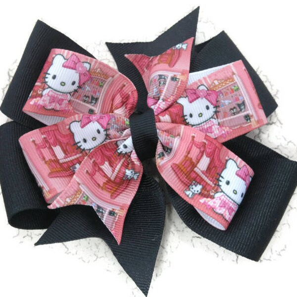 Hello Kitty Hair Bow,  Pink and Black Double Pinwheel Hair Bow, Girly Kitty Hair Bow, Cat Hair Bow, Girls Hair Bow, Baby Hair Bow
