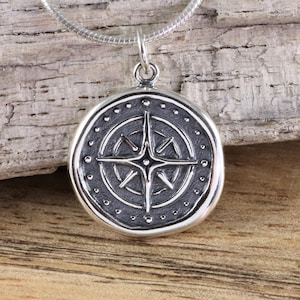 Sterling silver compass necklace, Silver wax seal compass pendant, Adventurer&#39;s necklace, New beginnings, Travel, Earth, Ocean jewelry 5/8&quot;