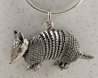 Sterling silver Armadillo necklace, Small detailed silver armadillo pendant, Power Animal symbol, Armadillo spirit guide totem, 1/2&quot;H x 1&quot;W