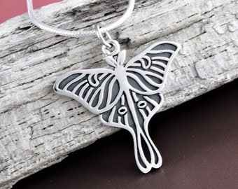 Sterling Silver Luna Moth Necklace, dainty silver moth pendant, celestial goddess pendant, nature jewelry, animal totem, spirit guide 7/8"