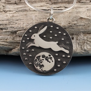 Sterling Silver Rabbit Necklace, Silver rabbit over moon pendant, moon goddess pendant, Rabbit Hare animal totem, celestial spirit animal