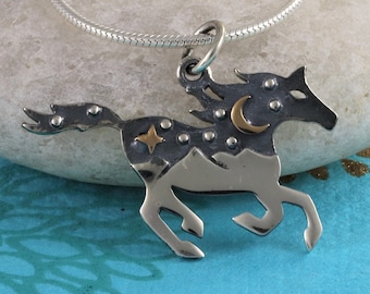 Sterling Silver Wild Horse Pendant, Sterling Silver Galloping Horse with Bronze Moon and Star necklace, Horse Totem Spirit Animal Jewelry