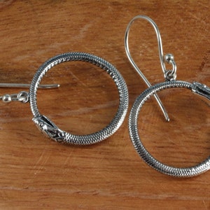 Sterling Silver Ouroboros Snake Earrings, Silver snake earrings, Snake Serpent Jewelry, Magical talisman, protection rebirth healing 7/8&quot;