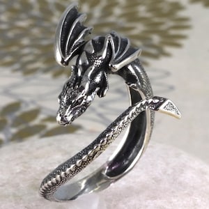 May include: A silver dragon ring with a detailed design. The dragon is curled around the ring band, with its wings spread out. The ring is made of sterling silver and is a great gift for anyone who loves dragons.