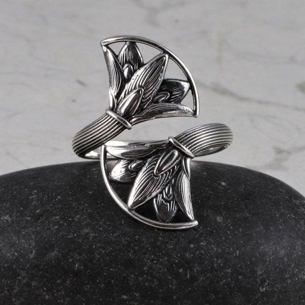 Sterling Silver Lotus Flower Ring, Adjustable abstract stylized lotus blossom ring, Yoga jewelry, Gardener's gift, Spiritual Nature jewelry