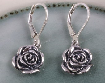 Sterling silver rose earrings, petite dainty silver flower earrings, love friendship, honor, courage, gardeners jewelry, nature jewelry 3/8"