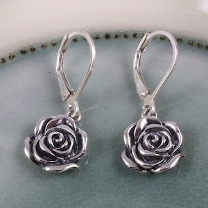 Sterling silver rose earrings, petite dainty silver flower earrings, love friendship, honor, courage, gardeners jewelry, nature jewelry 3/8&quot;