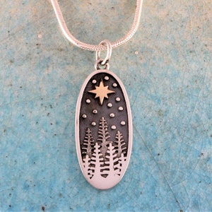 Sterling silver forest necklace, dainty etched tree pendant, oxidized, nature jewelry, nature lover charm, celestial landscape necklace 1&quot;