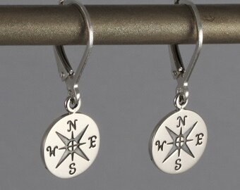 Tiny sterling silver compass earrings, silver compass earrings, love to travel jewelry, everyday earrings, dainty silver earrings, adventure