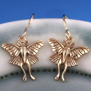 Luna Moth Earrings, Solid Bronze Luna Moth earrings with 14K gold-filled earwires, dainty moth earrings, spirited celestial forest jewelry