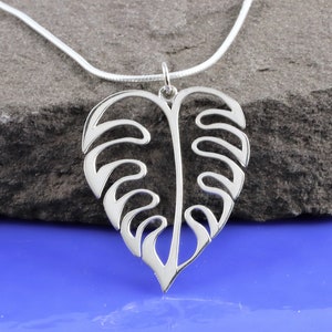 Large Sterling Silver Monstera Leaf Necklace, Silver Monstera leaf pendant, Tropic beach jewelry, Rain forest botanical nature jewelry 1.25&quot;