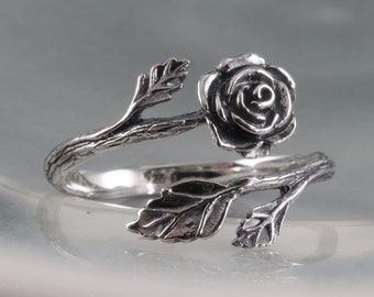 Sterling silver rose ring, petite dainty silver flower ring, love friendship, honor, courage, gardeners jewelry, nature jewelry