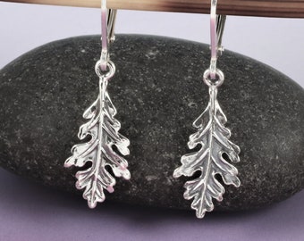 Sterling silver oak leaf earrings, petite dainty realistic silver oak leaves, nature lovers jewelry, Tree forest hiker botanical jewelry 3/4