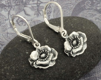 Sterling silver flower earrings, Silver poppy earrings, Nature Inspired gardeners jewelry, flower jewelry, peace, love, remembrance 1/2"