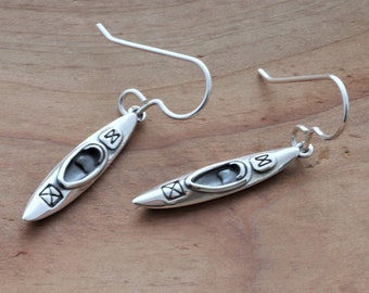 Sterling silver kayak earrings, silver kayak earrings, adventurer's jewelry, outdoor fun earrings, nature lovers jewelry, boater's earrings