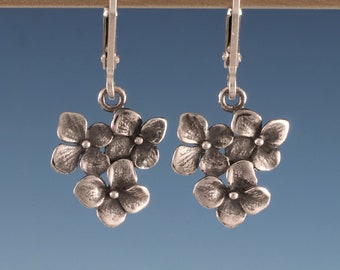 Tiny Sterling Silver Hydrangea Cluster Earrings, Dainty petite silver flower earrings, Gardener's jewelry, resilience, good fortune, healing