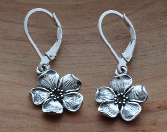 Sterling silver cherry blossom earrings, love symbol, silver flower with lever-back, nature lovers jewelry, gardener yoga, gift of love 1/2"