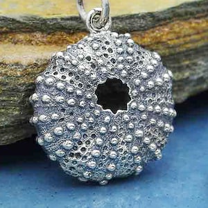Sterling Silver Sea Urchin Necklace, petite 3 dimensional seashell pendant, beach jewelry, magical celestial sea creature, summer love 5/8&quot;