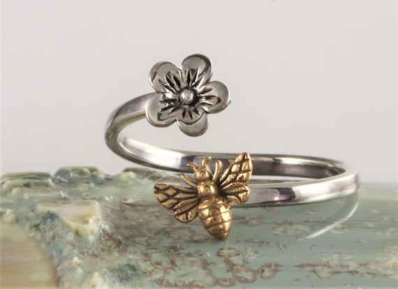 Sterling Silver Adjustable Cherry Blossom Ring With Bronze Honey