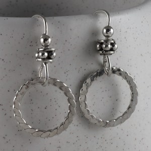 Sterling silver hoop earrings, silver round dangles, small silver hoops, handcrafted earrings, handmade ear wires, elegant everyday earrings